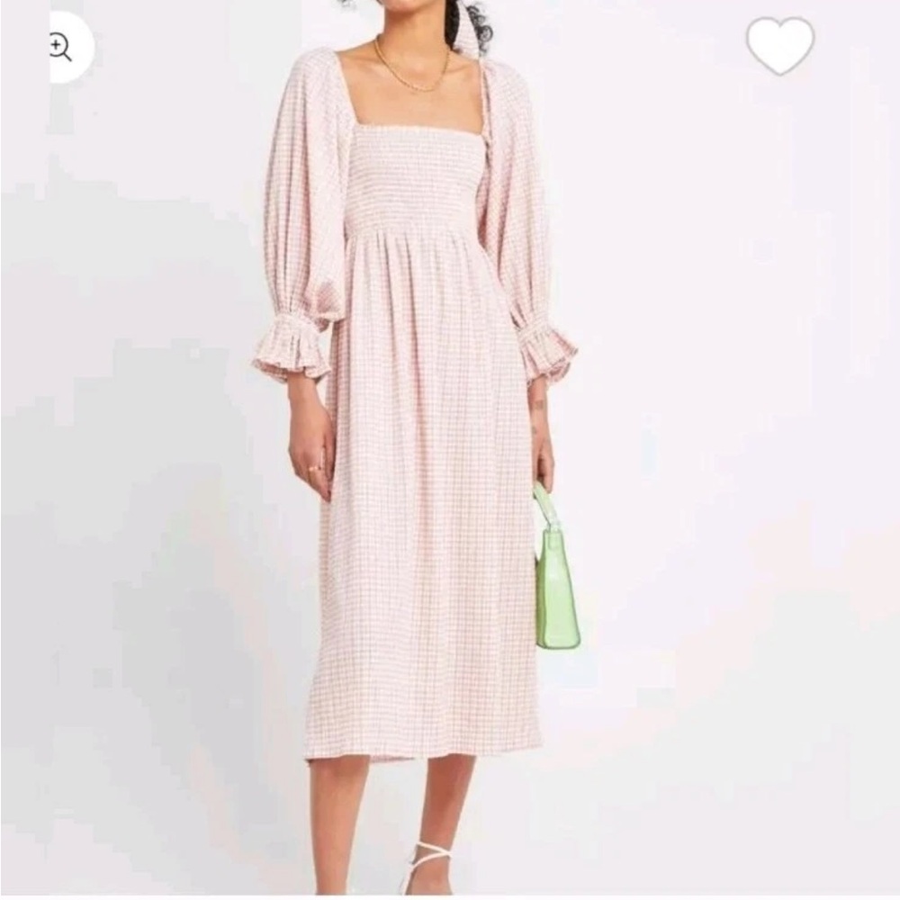 OPT Athena Smocked Midi Dress XS Pink Gingham Puff Sleeve Cottagecore